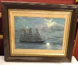 Framed Signed Clipper Ship Watercolor by J.