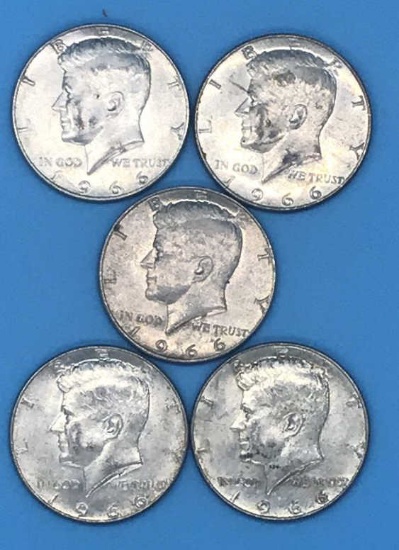 (5) 1966 U.S. Kennedy Half Dollars