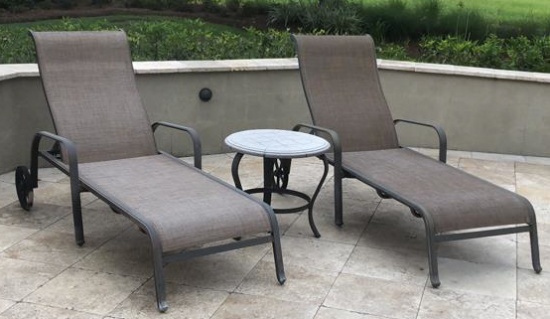 (2) Tropitone Outdoor Lounge Chairs, (1) Table