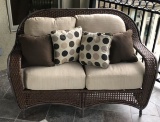 Outdoor Wicker Settee & Pillows