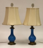 (2) Antique Blue Porcelain & Brass Table Lamps