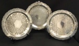 (3) Round Silver Plate Trays with Open Work Edge-