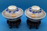 (2) Chinese Covered Rice Bowls On Carved Wooden