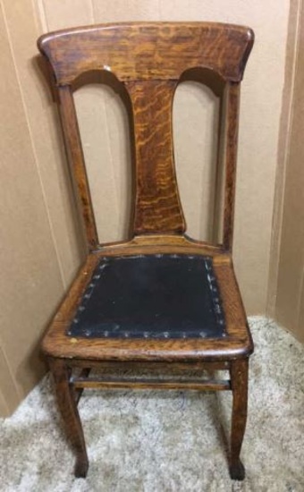 Antique Oak Chair With Leather Seat, Brass Tacks