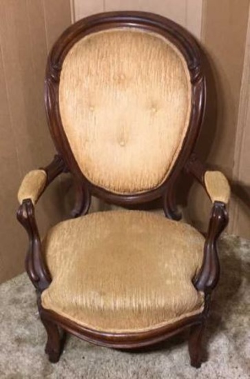 Victorian Upholstered Arm Chair with Carved Walnut