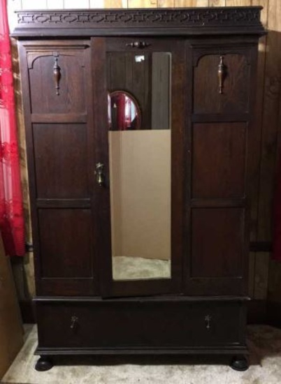 Antique Oak Wardrobe with Carved and Applied