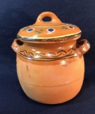 Mexican Pottery Handled Pot with Handpainted Lid