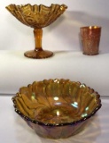 (3) Assorted Vintage Glassware: Amber Crimped