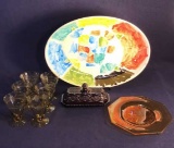 16 in. Ceramic Platter; 6 Etched Footed Glasses
