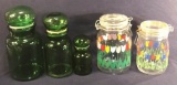 (3) Green Made in Belgium Storage Jars and;