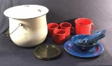 Assorted Enamel Ware: White Pot with Lid; (3)