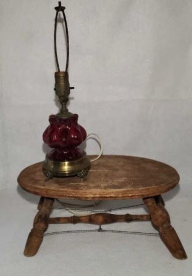 Stool 15.5" x 9" x 7" & Ruby Red Glass Lamp 15"