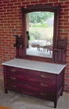 Antique Victorian Eastlake Marble Top 3-Drawer Chest w/Swing Mirror -