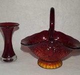 Amberina Glass Basket & Blown Glass Vase by Krosno