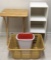 White Shelf Unit, Folding Table, (2) Trash