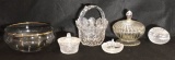 Assorted Glassware: 9’’ Bowl with Gold Trim,