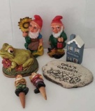 (2) Plastic Gnomes, Ceramic Frog, Oma’s Garden