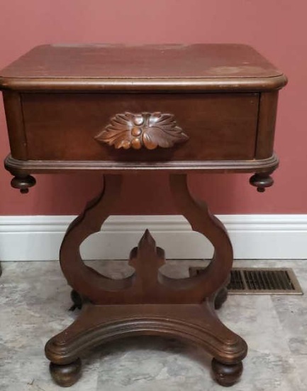 Victorian-Style Walnut One-Drawer Table, Carved