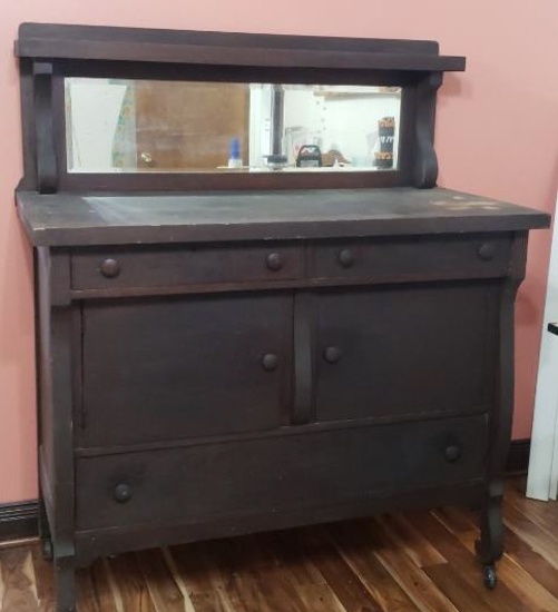 Antique Oak Buffet with Beveled Mirror,