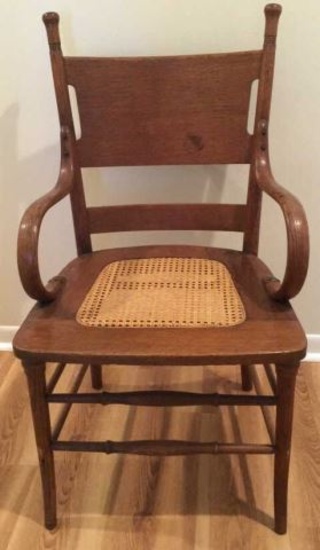 Antique Oak Chair with Bentwood Arms and Caned