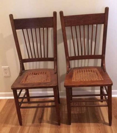 (2) Antique Oak Spindle Back Chairs with Cane Seat