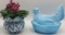 Blue Glass Hen Dish and African Violet Pot