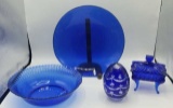Assorted Cobalt Blue Glass Dishes and Decorative