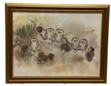 Framed Signed Print with Owls, 27 5/8’’ W x 21