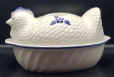 County Fare Pottery Covered Blue and White Hen