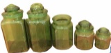 (5) Green Glass Canisters (1 missing Lid)