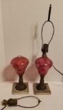 (2) Antique Cranberry Cut to Clear Lamps