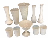 (6) Milk Glass Vases, etc