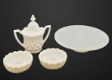 (4) Milk Glass Items: 10’’ Pedestal Cake Plate,