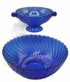 (2) Cobalt Blue Items: 2-Handled Pedestal Bowl,