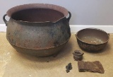 Assorted Cast Iron Items: Large Kettle, etc