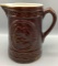 Brown Pottery Pitcher with Embossed Birds, 8’’