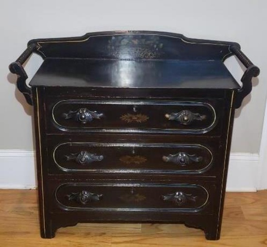 Black Wash Stand with 3 Drawers, Carved Trim, 38