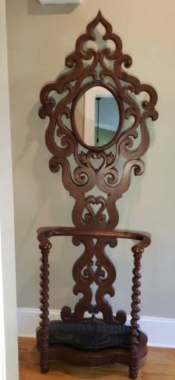 Ornate Carved Hall Tree with Oval Mirror, 87