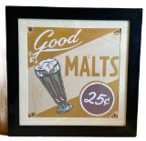 Vintage Malts Sign, Framed and Matted, 24’’ W x