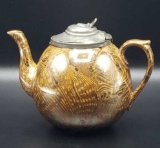 Antique Porcelain Teapot w/Hinged Pewter Lid
