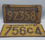 (2) Pennsylvania License Plates: 1932 & 1937
