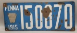 1915 Pennsylvania Porcelain License Plate