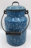 Blue and White Granite Ware Covered Cream Can, 9