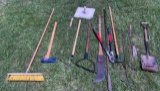 Assorted Yard Tools: Push Broom, Ax, Shovel, etc.