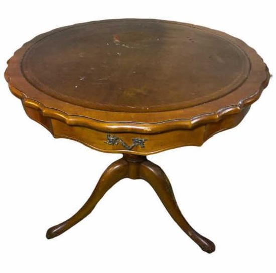 Round Pedestal One-Drawer End Table with Leather