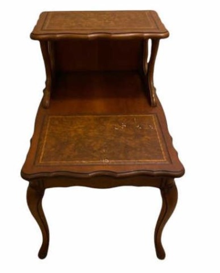 Two-Tier End Table with Tooled Leather Top,