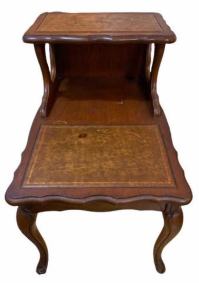 Two-Tier Step End Table with Tooled Leather Top,