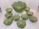 Glass Punch Bowl, Green Plastic Salad Bowl & (9)