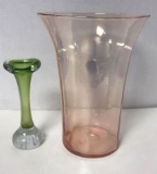 Iridescent Pink Vase & Green Art Glass Bud Vase