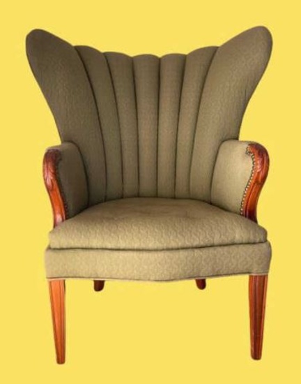 Vintage Channel Back Wing  Chair, Brass Tacks